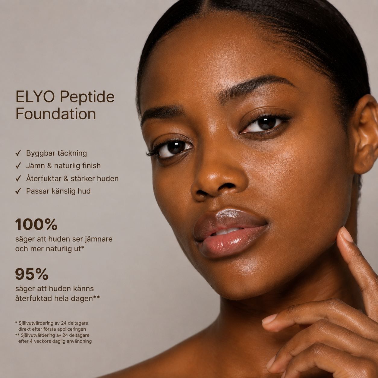 Vegansk clean beauty foundation med hexapeptide-11, hyaluronsyra och aloe vera