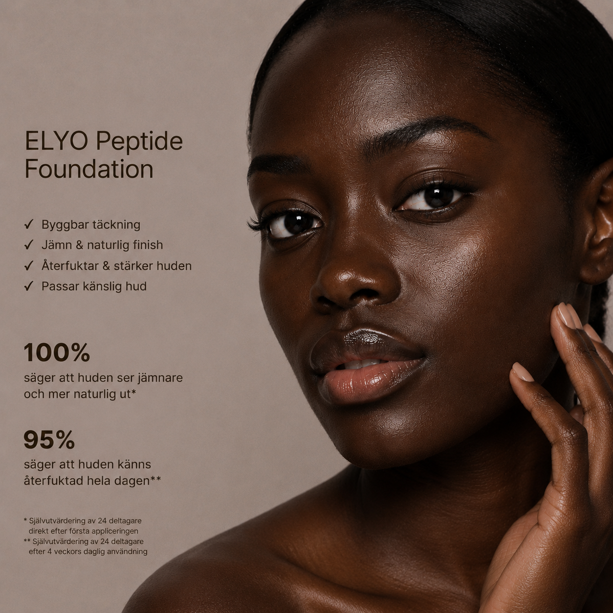 Vegansk clean beauty foundation med hexapeptide-11, hyaluronsyra och aloe vera
