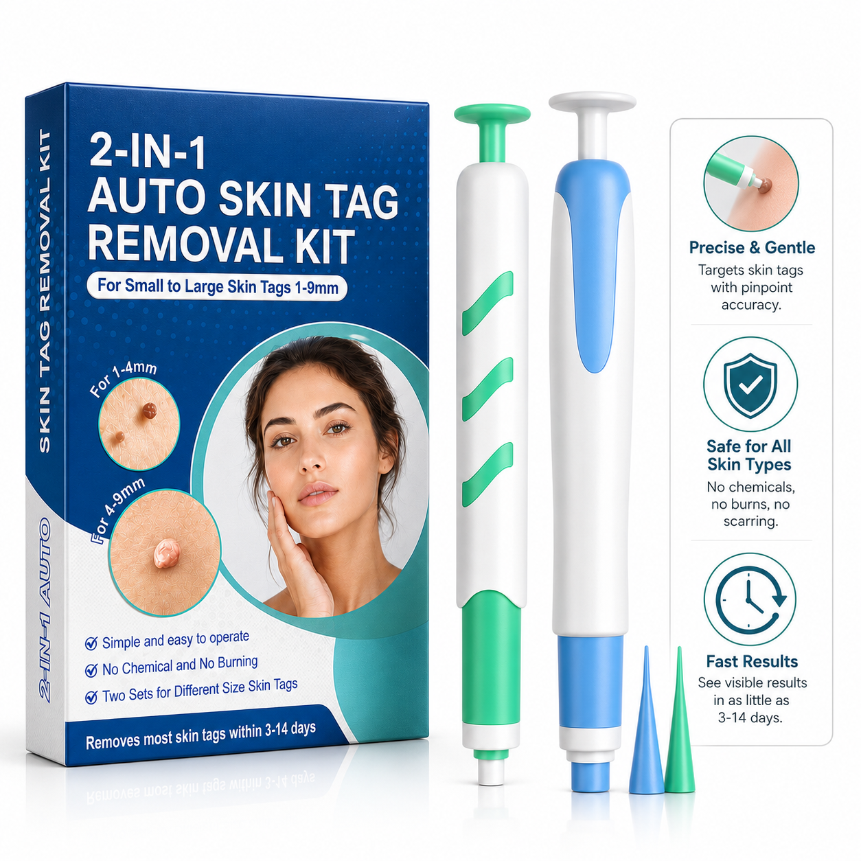 Skin Perfect kit innehållande 30 elastiska silikonband i två storlekar för hudflikborttagning hemma