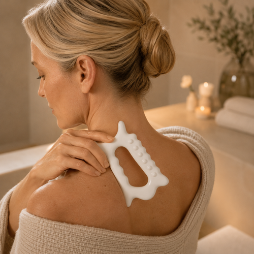 Gua sha-skrapa i handformad sten för att skulptera käklinje och kindben