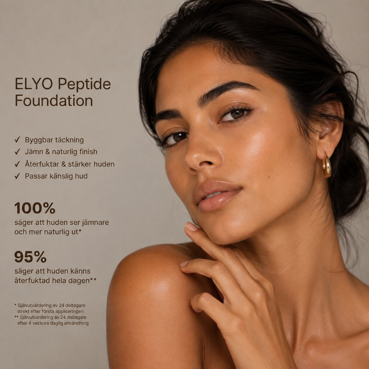 Vegansk clean beauty foundation med hexapeptide-11, hyaluronsyra och aloe vera