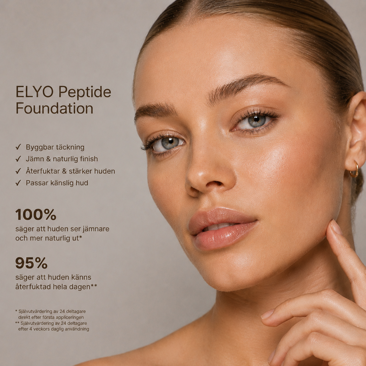 Vegansk clean beauty foundation med hexapeptide-11, hyaluronsyra och aloe vera