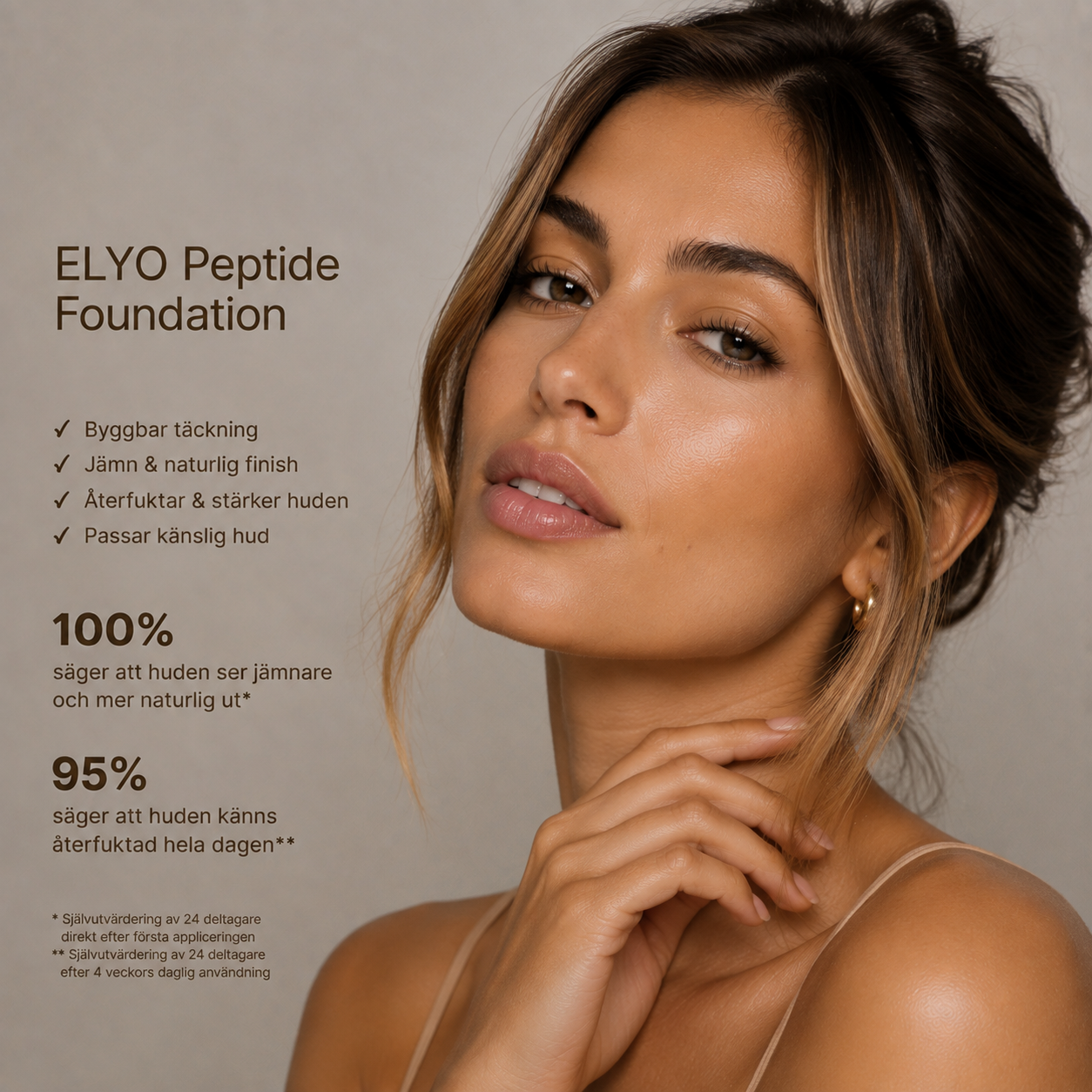 Vegansk clean beauty foundation med hexapeptide-11, hyaluronsyra och aloe vera