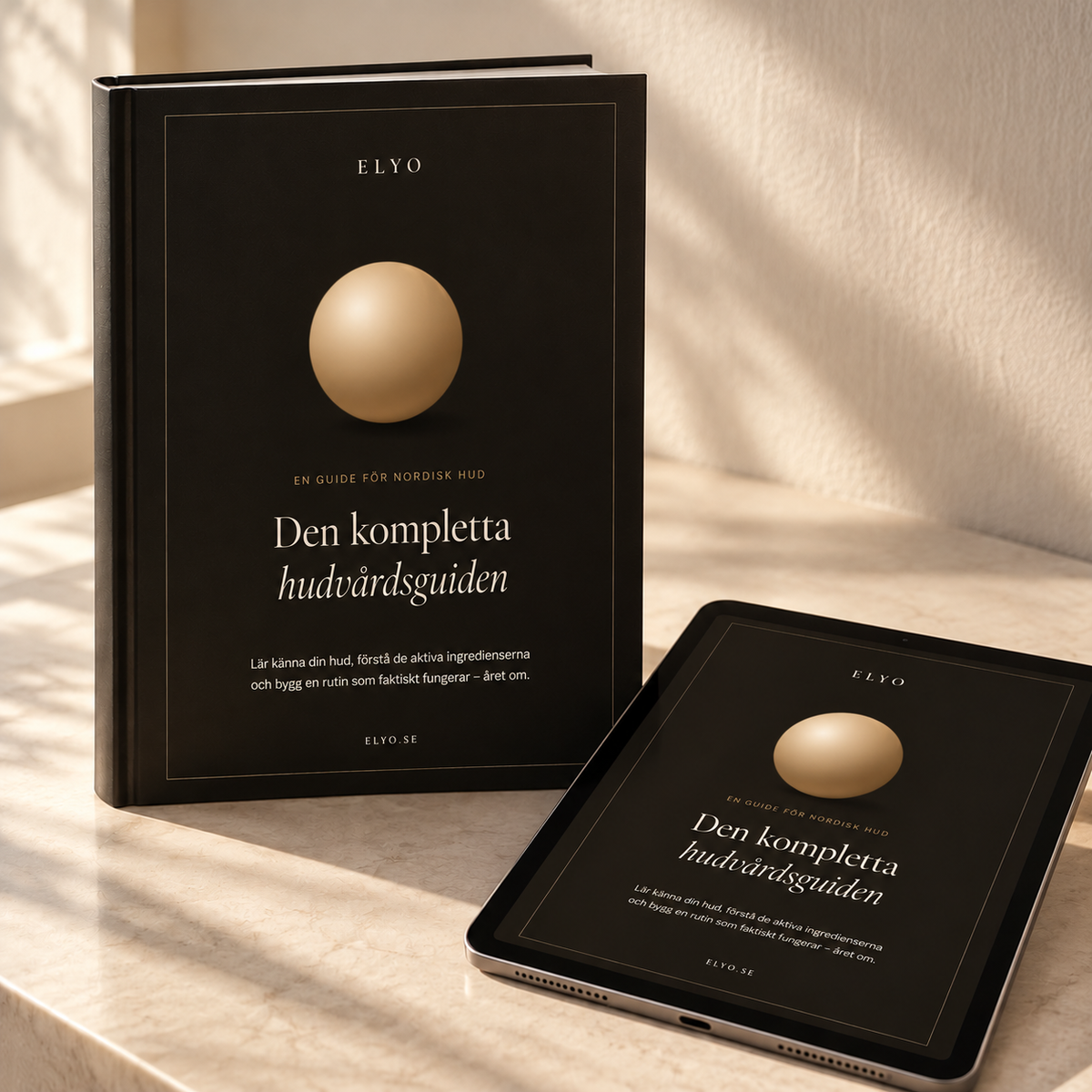 ELYO Den kompletta hudvårdsguiden – e-bok om hudvård, aktiva ingredienser och rutiner, visad som bok och på surfplatta