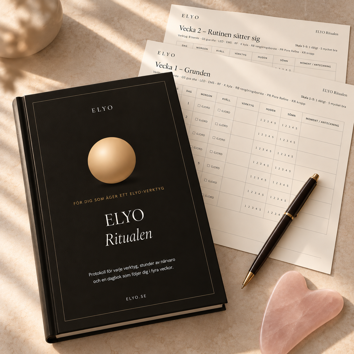 ELYO Ritualen – e-bok med protokoll för ELYO-verktyg, Moment-övningar och utskriftsvänlig dagbok, med gua sha i rosenkvarts